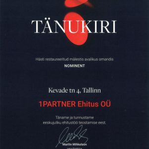 Artikli foto "Muinsuskaitseamet tunnustas 1Partner Ehitust"